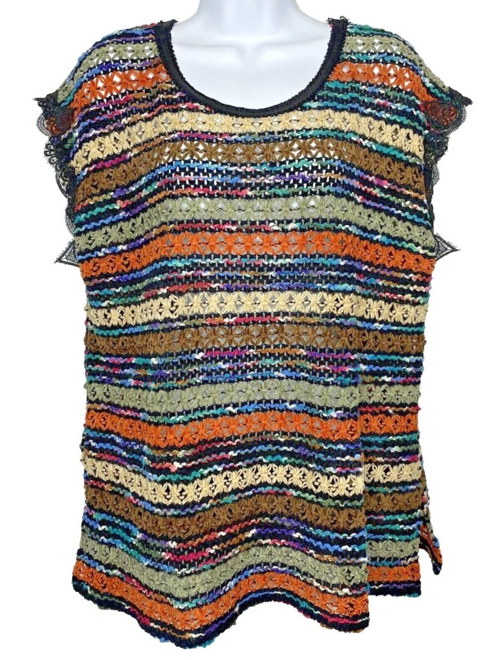 Free People New Romantics Crochet Shirt Top Size M Multi Stripe Open Knit
